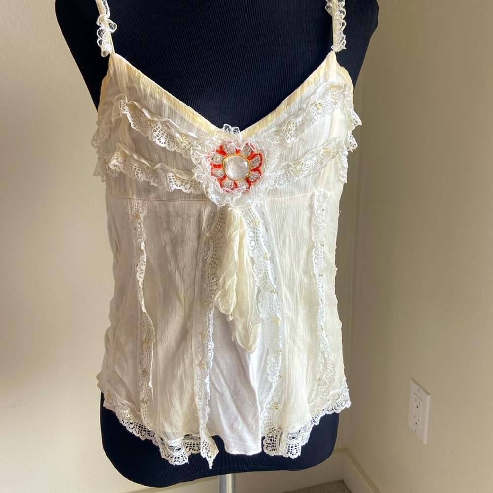 French Jaune Rouge strappy, light fabric top.Creamy pale vanilla ( not white)